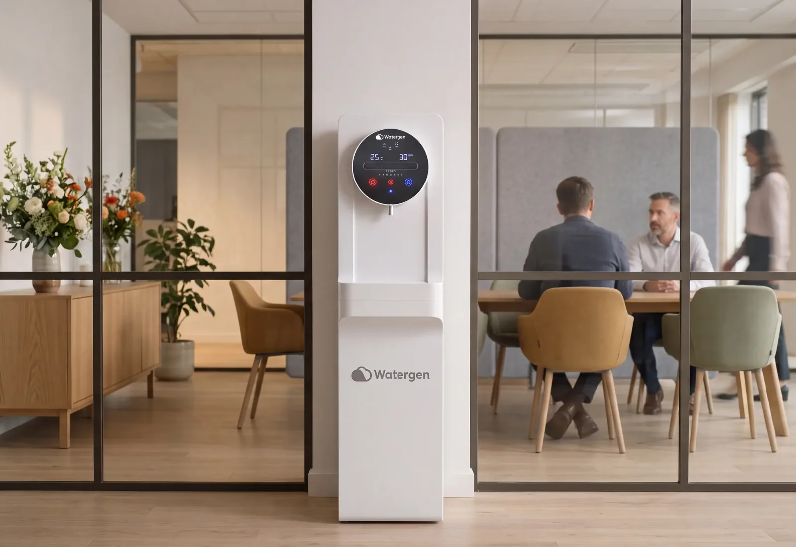 Watergen dispenser by a glass-walled meeting room with colleagues at a table