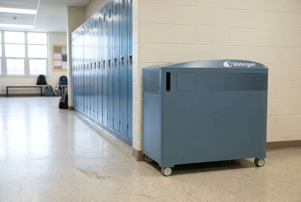 GEN-M1 in a school hallway, next to the lockers