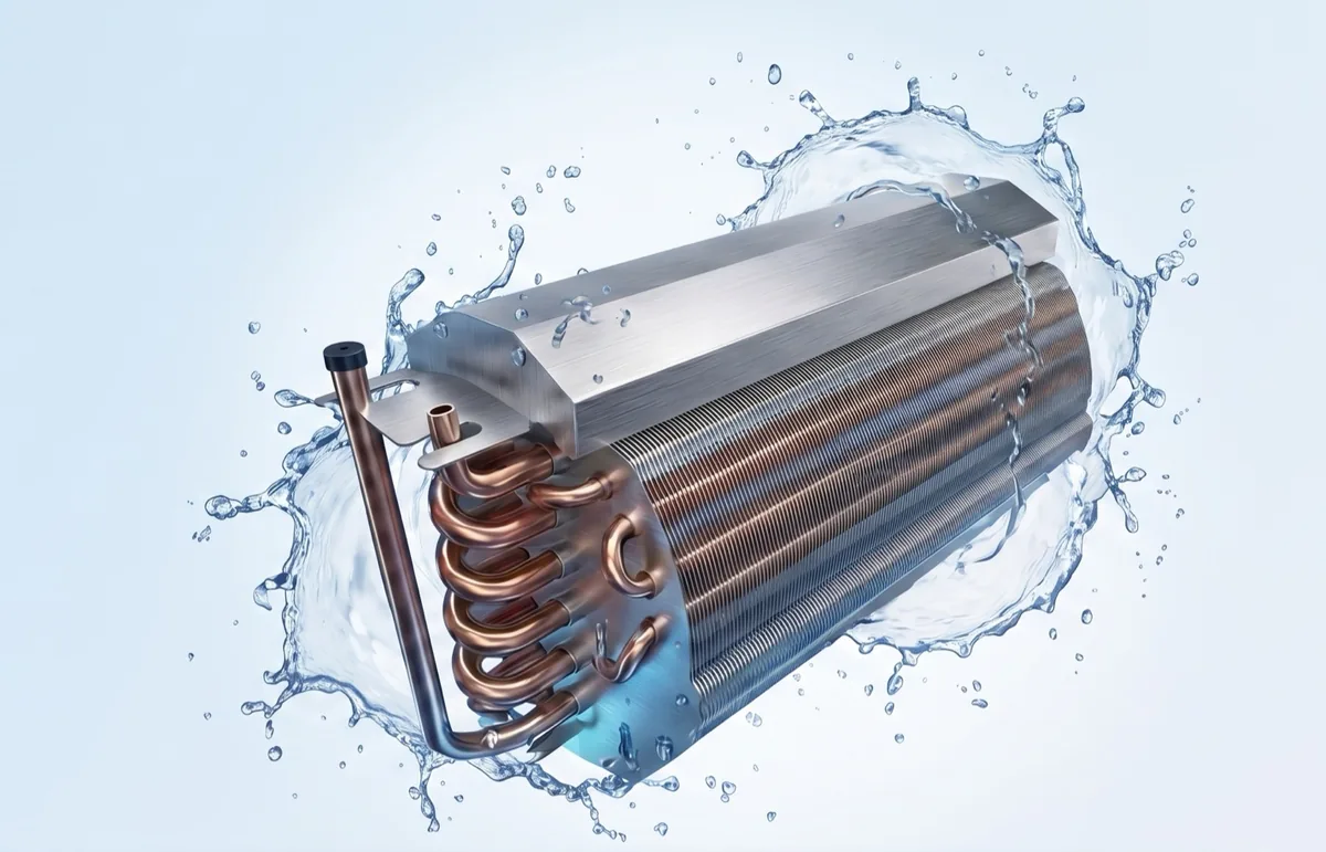 The GENius heat exchanger: a finned condensing module with copper coils, splashed by water